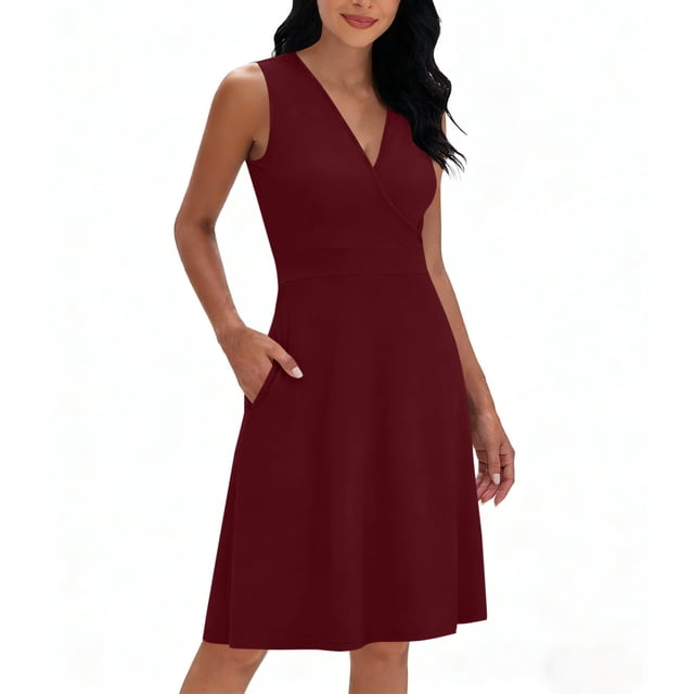 Floleo Robe Femme Col en V Couleur Unie Taille Nouée Confortable Respirante A un Tempérament un Vêtement Incontournable pour les Rendez-Vous de Fin de Semaine et le Travail de Bureau (Vin, TG)