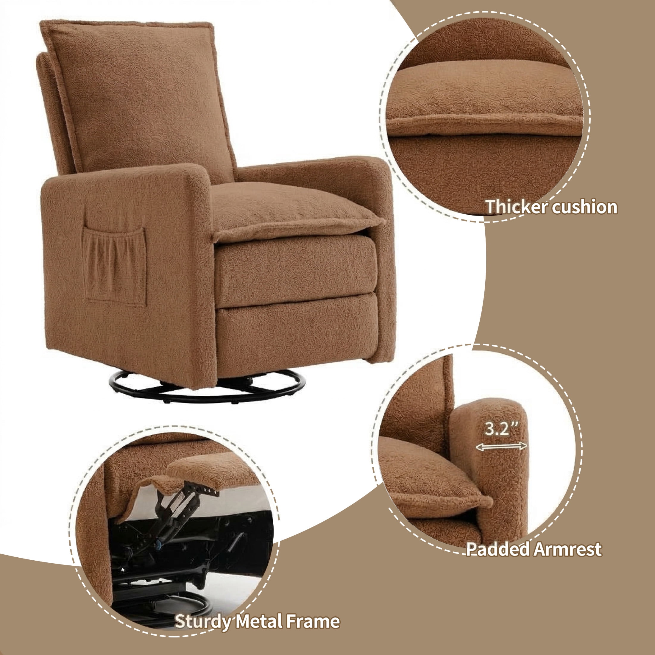 Gelloan Upholstered Swivel Glider and Recliner Nursery Chair,Brown