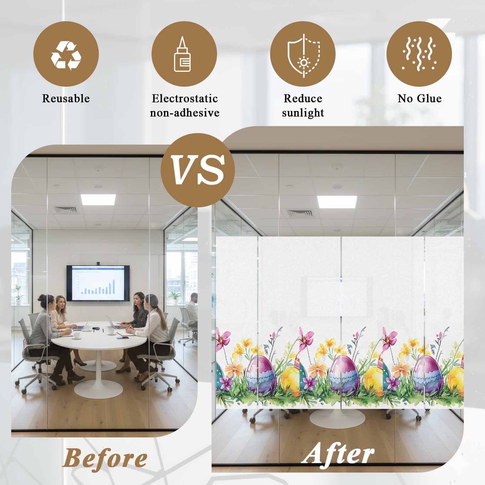 Easter Eggs Window Privacy Film, Green Yellow Purple Egg Spring Purple Yellow Floral Leaf Frosted Glass Window Clings Static Cling UV Heat Blocking Reusable Door Sticker for Bedroom 23.6x78.7 Inch
