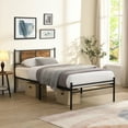 thumbnail image 2 of Paproos Twin Bed Frame, Heavy Duty Metal Platform Bed with Wooden Panel Headboard, Metal Twin Bed with Underbed Storage, Twin Size Metal Bed Frame, No Box Spring Needed, Rustic Brown, 2 of 8