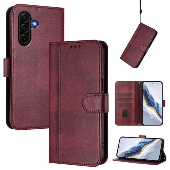 For Samsung Galaxy S25 Plus Wallet Flip Magnetic PU Leather Credit Card Holders Shockproof Full body Case [RFID Blocking Function][Folio Kickstand Feature][Wrist Strap] Phone Cover,Winered