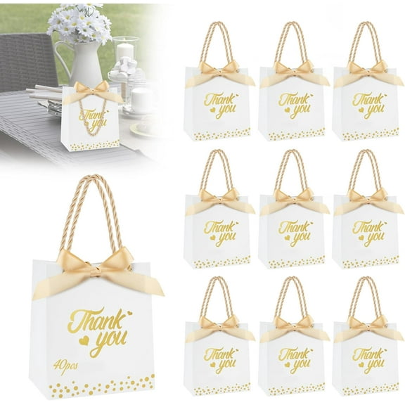 40Pcs Thank You Gift Bags with Handle, SHAIDOJIO Small Party Favor Bag Candy Boxes Bulk with Bow Ribbon, Mini Paper Bags for Wedding Birthday Bridal Shower Baby Shower (White)