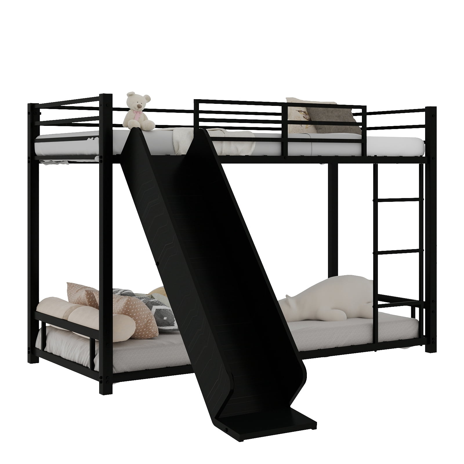 Leumius Twin Bunk Bed with Slide,Heavy Duty Metal Bed Frame with Ladder and Durable Guardrail,Space Saving,Easy Assembly,Black