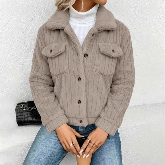 Women's Double Sided Fleece Jacket, Button Down Collar Long Sleeve Coat, Drop Shoulder Warm Jacket, Loose Fit Winter Top, Casual Fleece Outerwear, Plush Button Up Jacket Beige L
