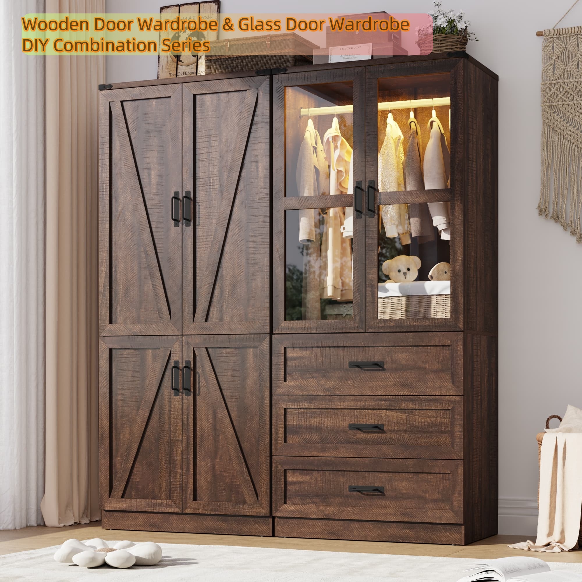 2 Glass Doors Armoire Wardrobe Closet with 3 Drawer & LED Light,75"H Wardrobe Closet Clothing Organizer with Hanging Rail for Bedroom
