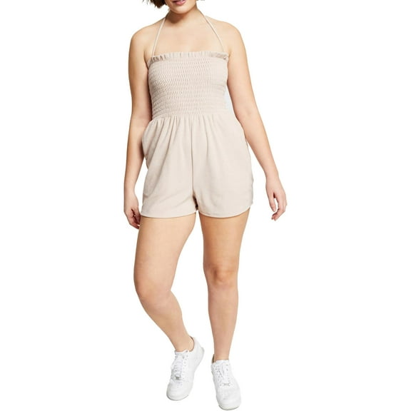Bar III Womens Tie Neck Terry Cloth Romper Naturally Nude M