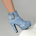 thumbnail image 4 of Fashion Buckle Platform Ankle Boots for Women Chunky High Heel Non Slip Round Toe Mid Calf Dress Boots with Side Zipper Blue Size 7, 4 of 7
