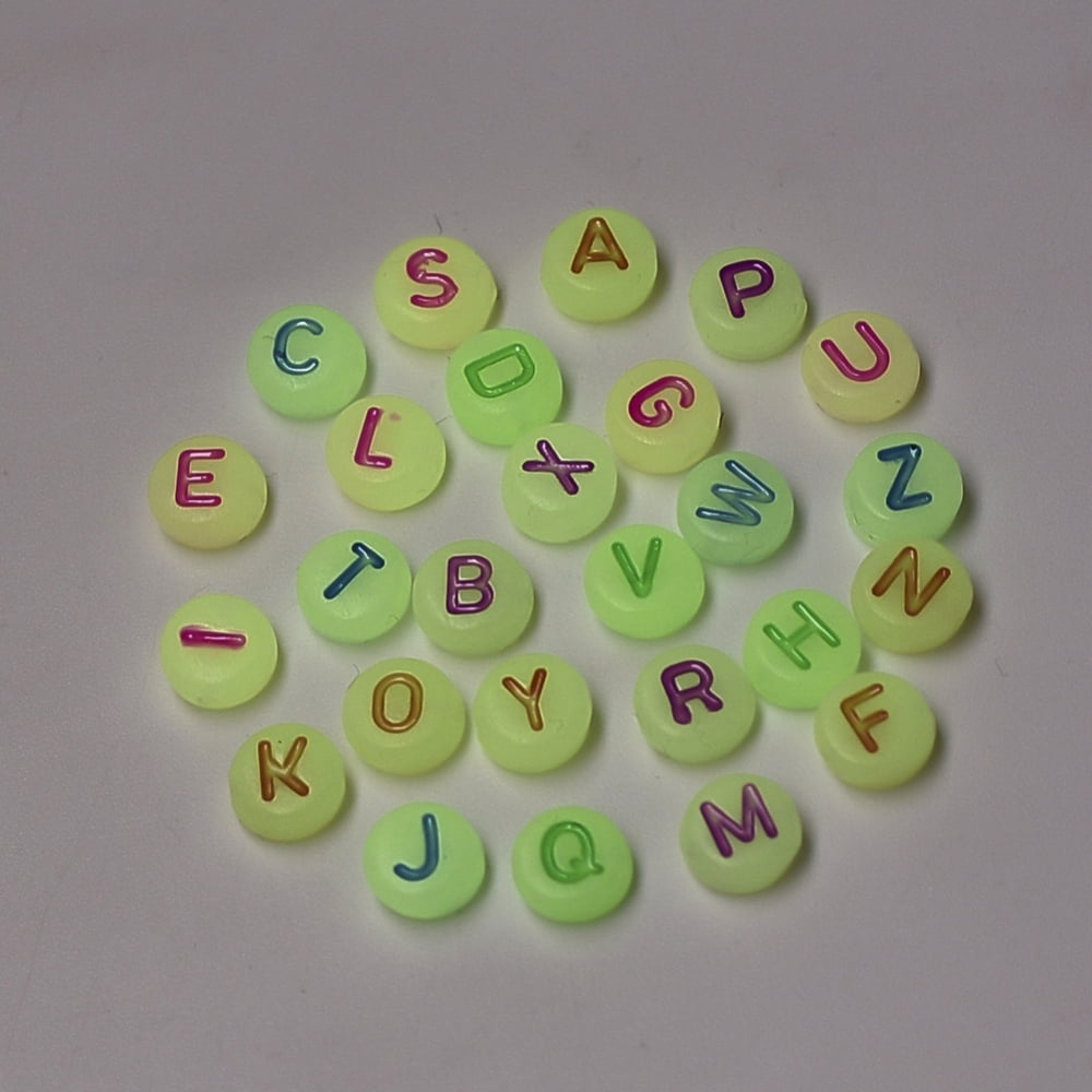 Luminous Acrylic Beads Horizontal Hole Random Mixed Letters Flat Round with Letter Mixed Color 7x3.5~4mm Hole: 1.2mm about 3700pcs/500g