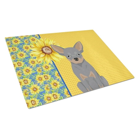 

Summer Sunflowers Blue and Tan Chihuahua Glass Cutting Board Large 12 in x 15 in