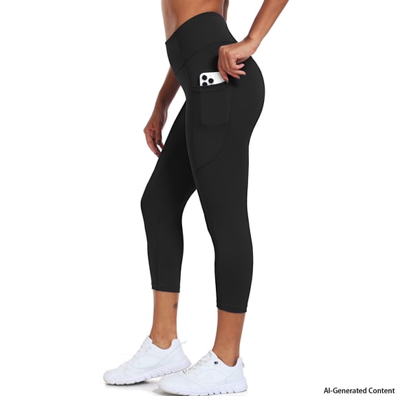 Womens Plus Size High Waist Capri Yoga Leggings Cropped Pant for Workout with Two Pockets