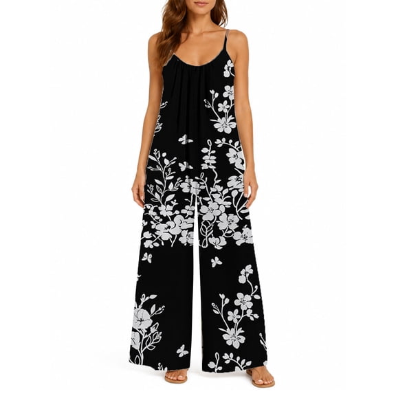 Women'S Casual Sleeveless Jumpsuits Black White Floral Spaghetti Strap Wide Leg Pants Rompers With Pockets