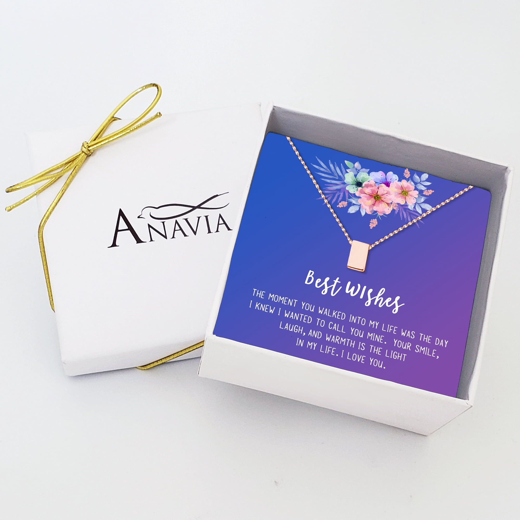 Anavia Best Wishes Gift Card High Quality Stainless Steel Fashion Necklace for Her, Girlfriend Gift, Wife Gift, Gift for Fiancee-[Rose Gold Cube, Blue-Purple Gift Card]