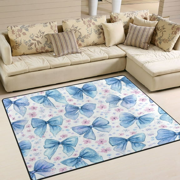 Area Rug Indoor 63"x48"in Non-Slip Wear Resistant Floor Mats Soft Large Carpets for Living Room Bedroom Home Decor Cute Light Blue Bows Pattern