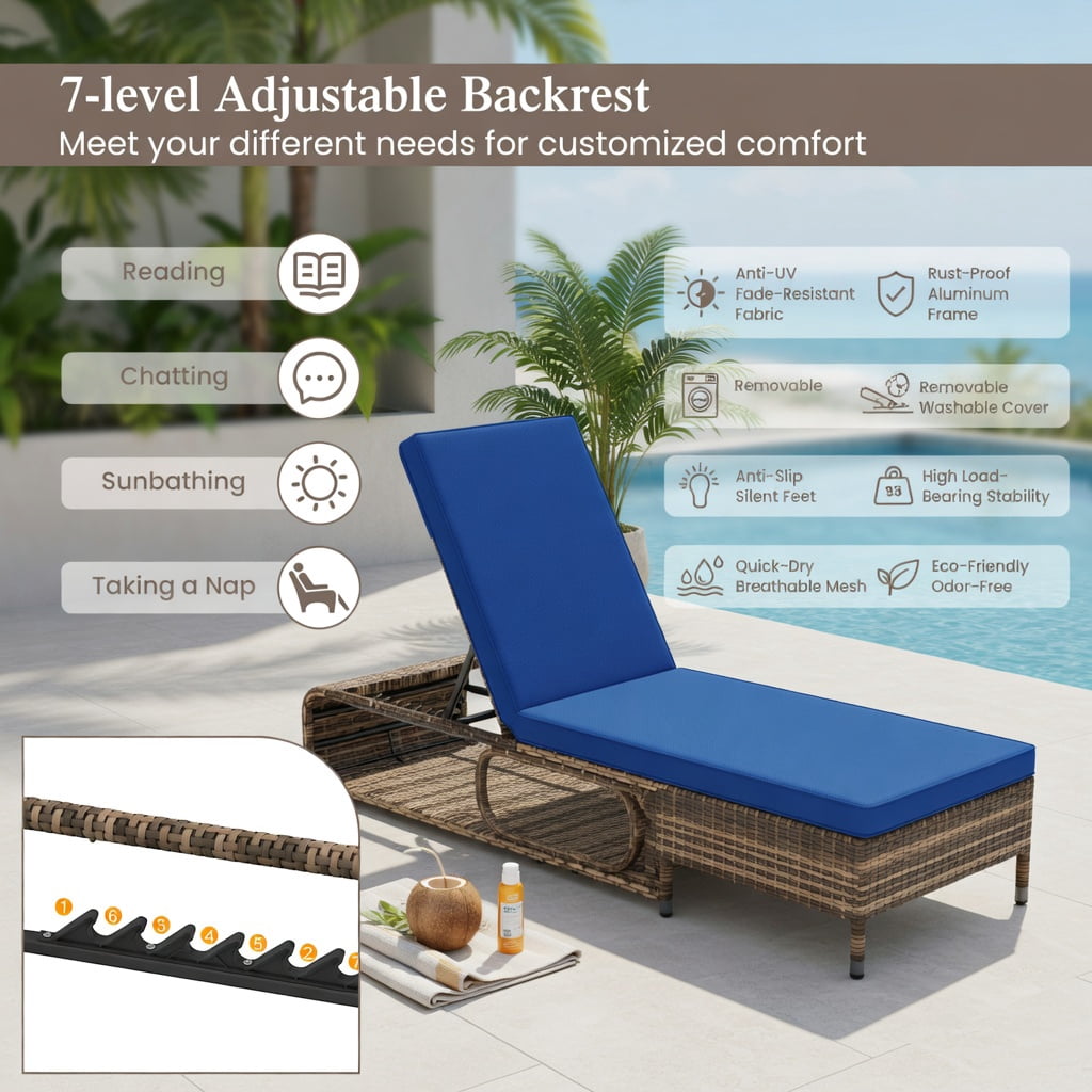 Hommoo 7-Position Adjustable PE Rattan Outdoor Chaise Lounge Chair with Removable Cushions, Heavy-Duty Metal Frame, Poolside & Patio Ready, Navy