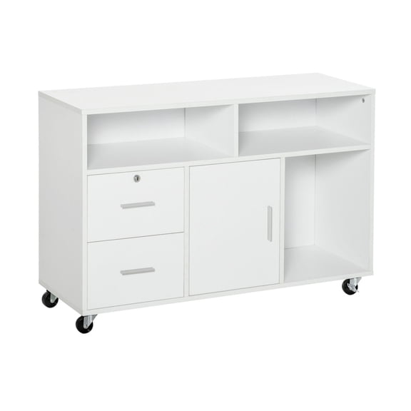 Printer Stand with Storage, Mobile Office Cabinet Organizer, 2 Drawers & Locking Wheels - White