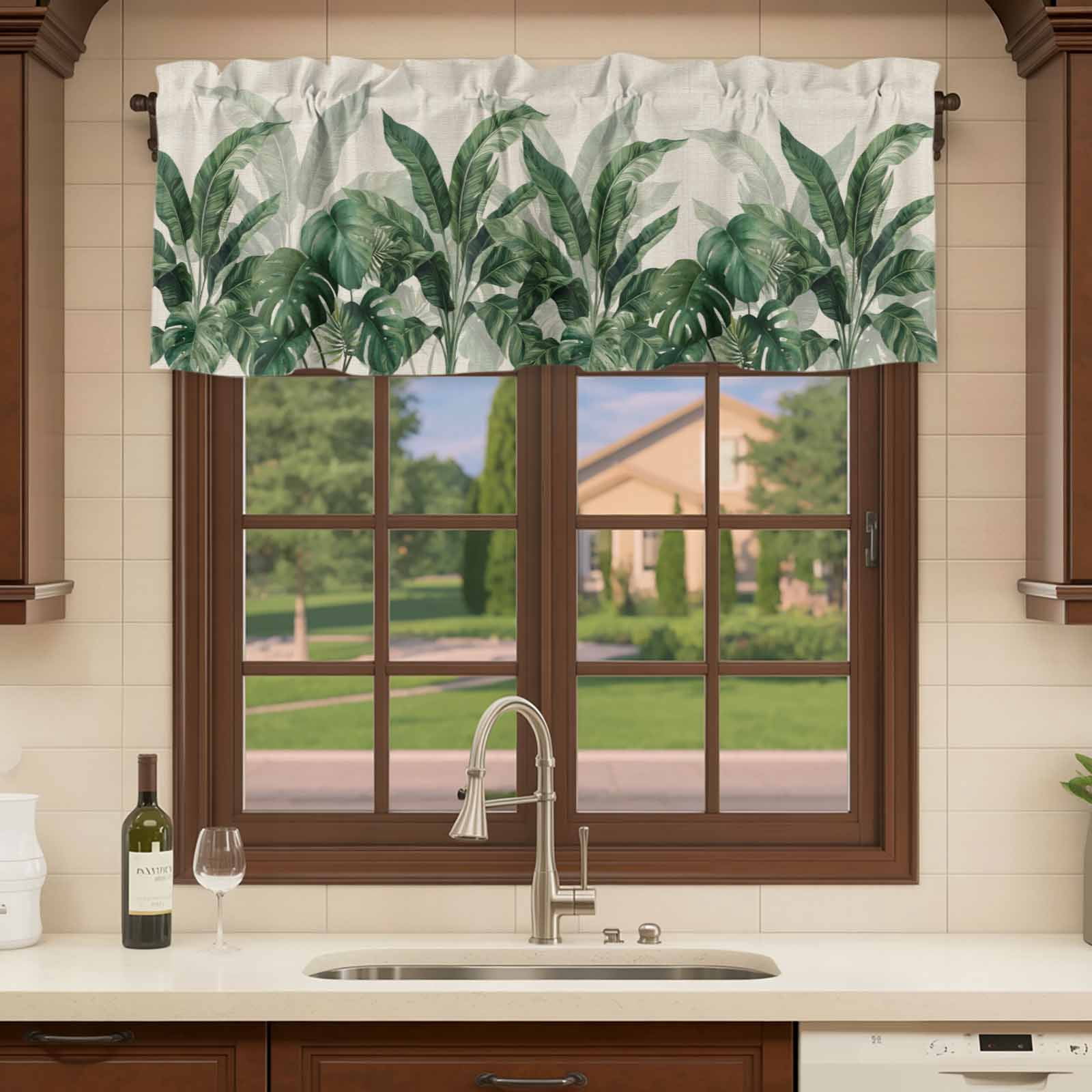 2 Pack Valances for Windows, Palm Leaves Tropical Window Valances for Living Room/Bedroom/Bathroom, Green Botanical Summer Linen Light Filtering Kitchen Curtain Valance Window Treatment 60"W x18" L