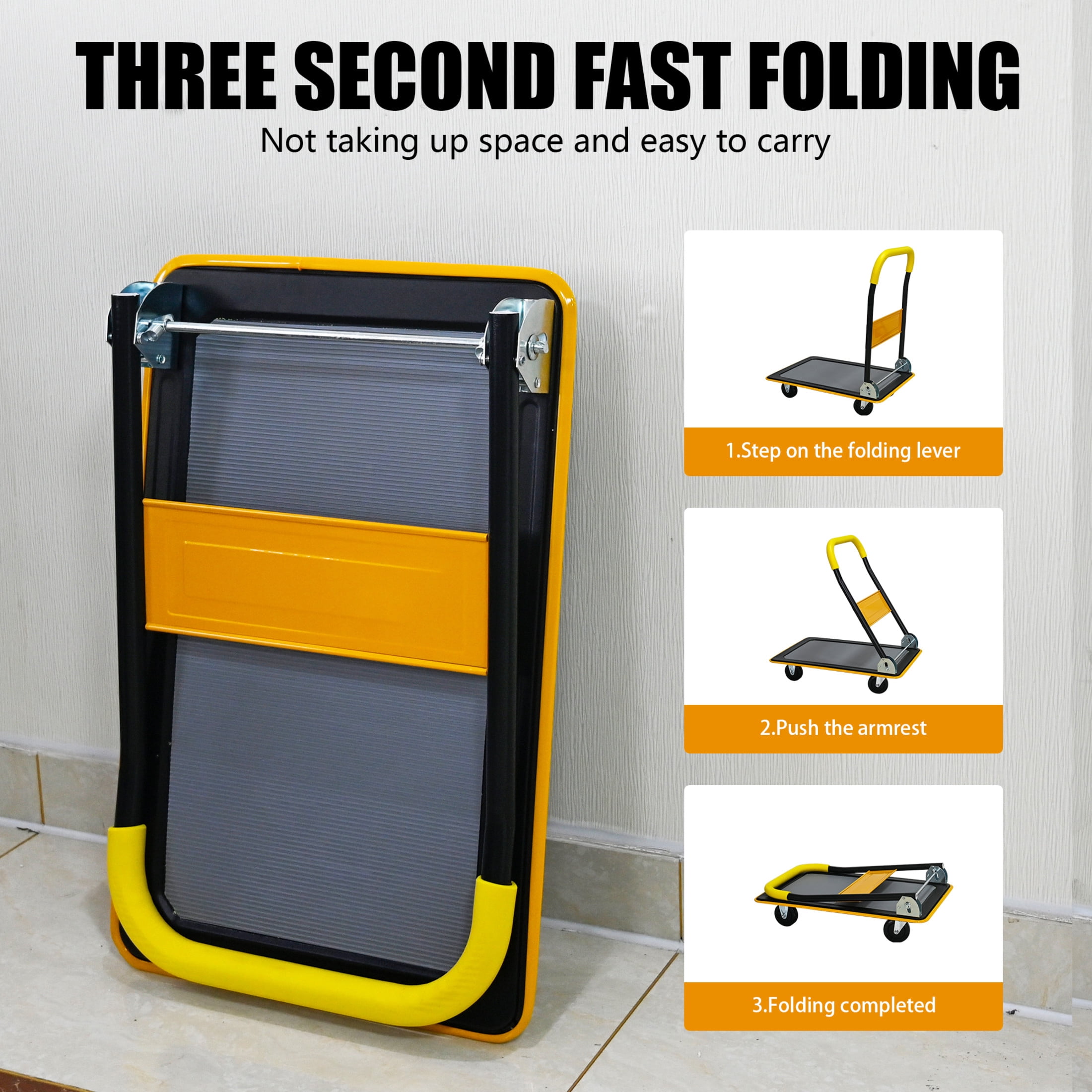 Noble House 28" Flatbed Cart, Heavy Duty Platform Hand Truck with Foldable Push Handle for Loading and Storage, Yellow