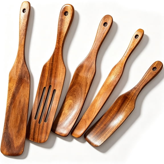 FORICOM 5-Piece Wooden Cooking Utensils Set – Non-Scratch Teak Spoons for Non-Stick Pans, Natural Wood Spatula for Stirring, Mixing, and Serving, Heat-Resistant Kitchen Tools with Hanging Loop