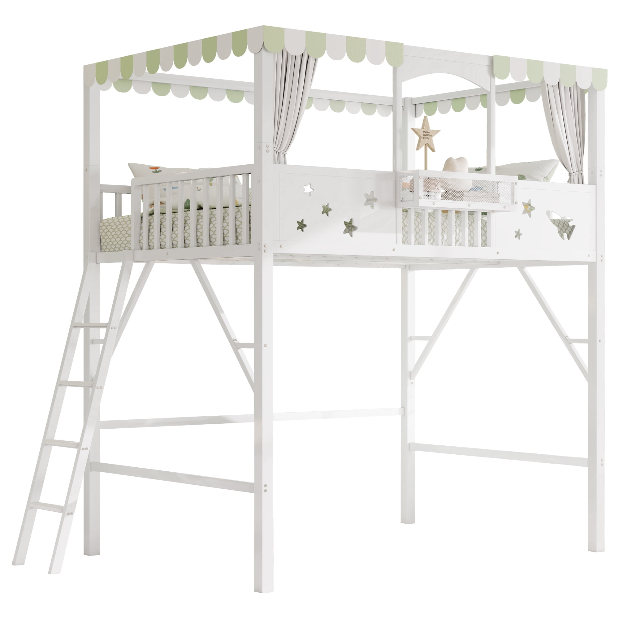 Leumius Full Size Loft Bed with Ladder and Storage Shelves,Metal High Loft Bed for Bedroom,White