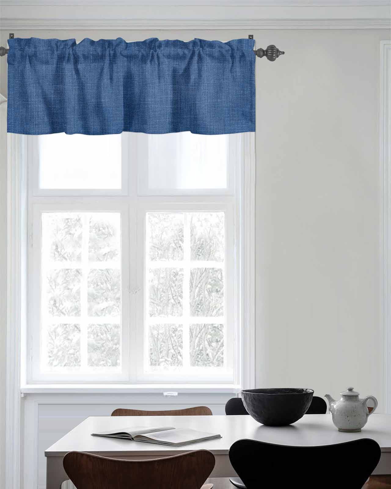 Kitchen Curtain Valances for Windows,Retro Farm Linen Flax Rod Pocket Small Valance Blue Solid Color Ocean Short Window Treatment for Bedroom Bathroom Living Room,54"x18"
