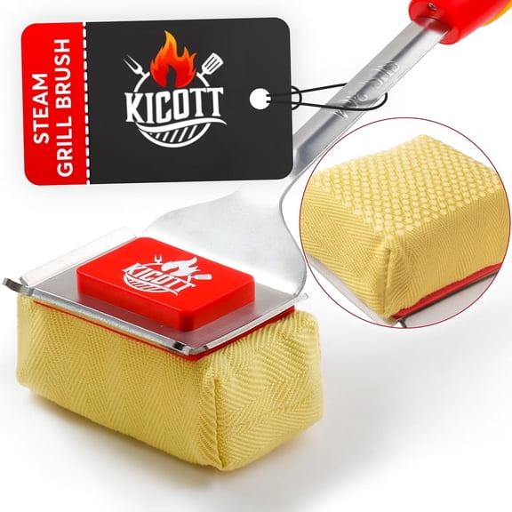 Kicott Bristle-Free Grill Brush with Replaceable Head, 17 Inch Non-Slip Handle, Safe for Cast Iron, Stainless Steel and Porcelain Grates