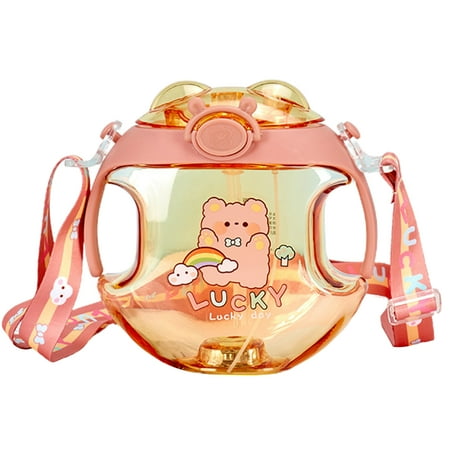 

Hariumiu 450ml/16oz Kid Water Bottle Shoulder Strap Luminous Leak-proof Cartoon Dinosaur Pattern Donut Round Cup for Kids