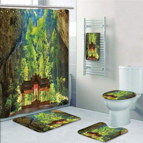 EREHome Natural Cave Latent Pavilion in Between The Cliffs Discovery of Faith in The Nature 5 Piece Bathroom Set Shower Curtain Bath Towel Bath Rug Contour Mat and Toilet Lid Cover