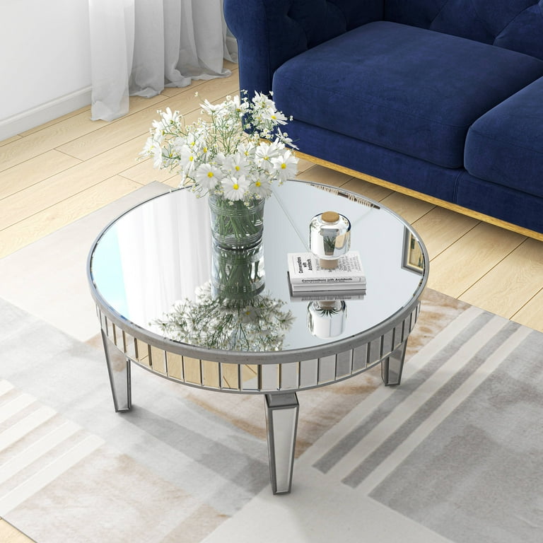 Mirrored Coffee Table Modern Round Coffee Table Silver Accent Table for Living Rooms Decor Silver