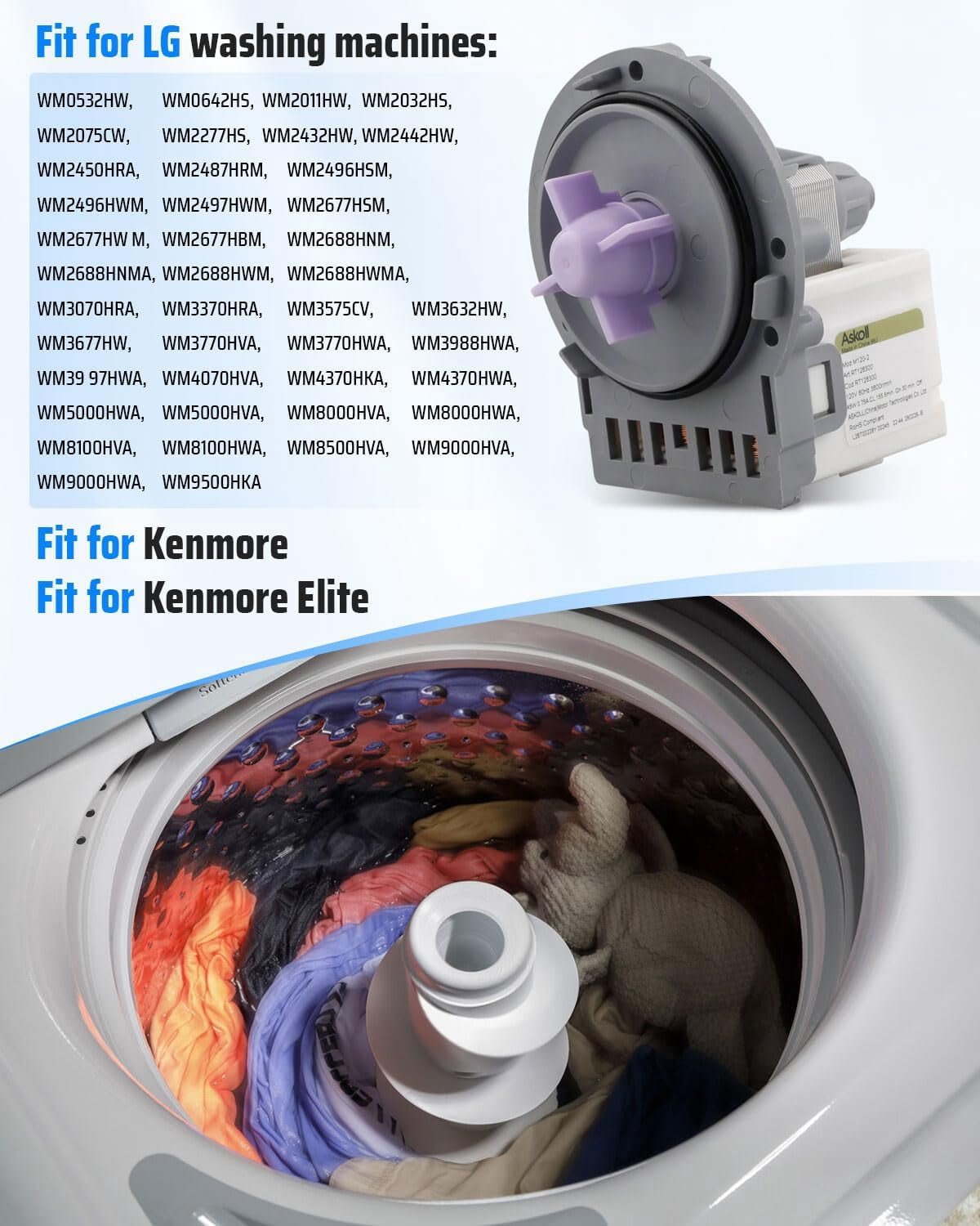 M120-2 EAU61383503 Washer Water Pump Compatible with L.G Ken-more Ken-more Elite, Replace 4681EA2001S EAU62263303 4681EA2001C 4681EA2001V 4681EA2002D LP3503 AP5620091 PS3652448