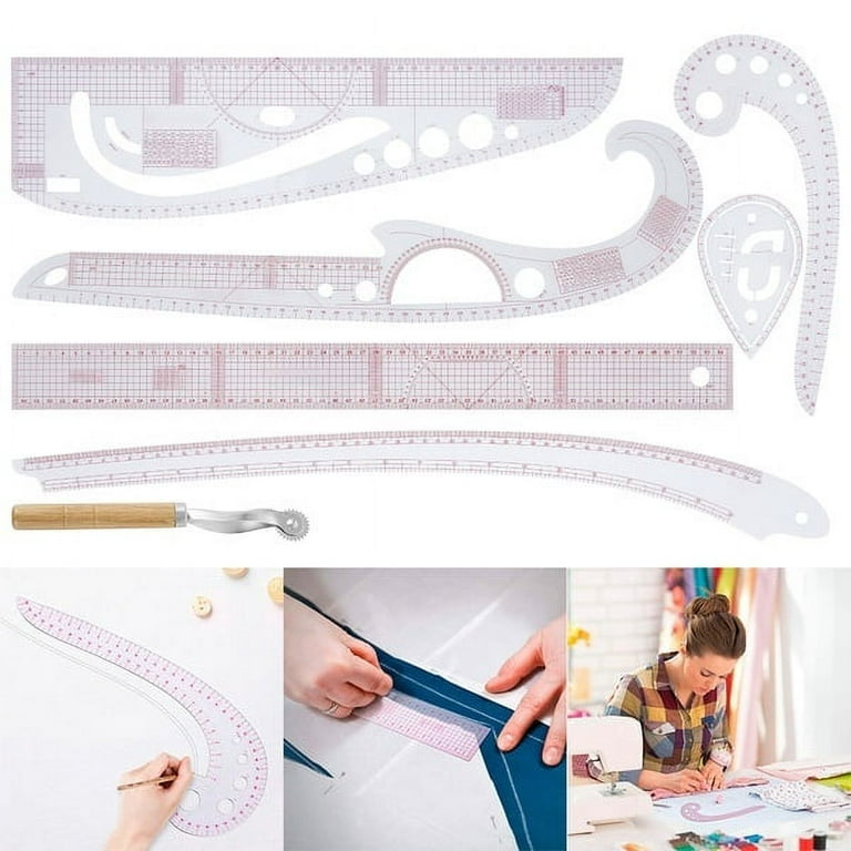7Pcs Fashion Clear Metric Sewing Ruler Set, French Curve Pattern Ruler Kit  for Beginners, Tailors, and Designers, Fashion Design Dress Makers Ruler