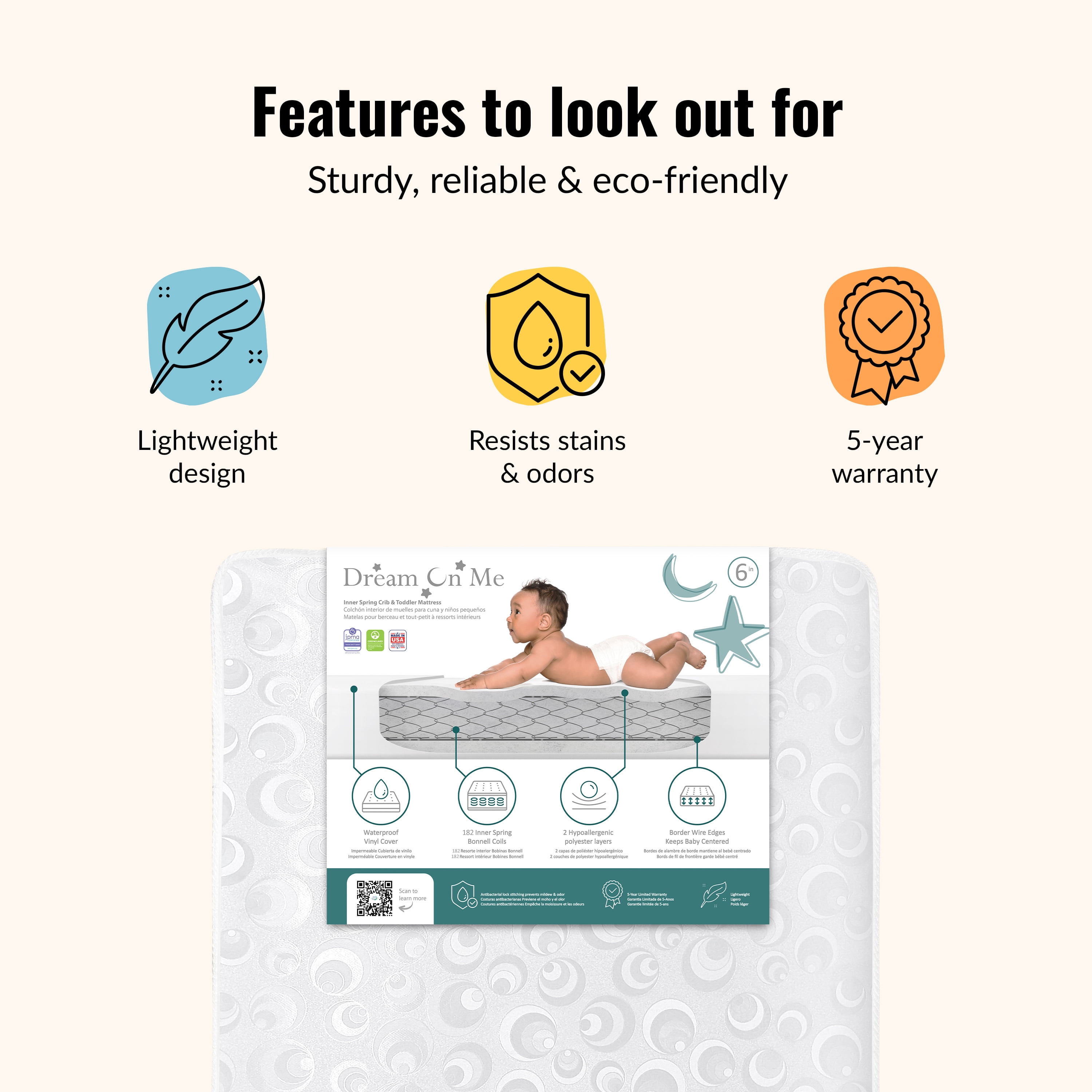 Dream On Me Honeycomb Breathable Fiber Crib and Toddler Mattres | Honeycomb Lunar Circles / White