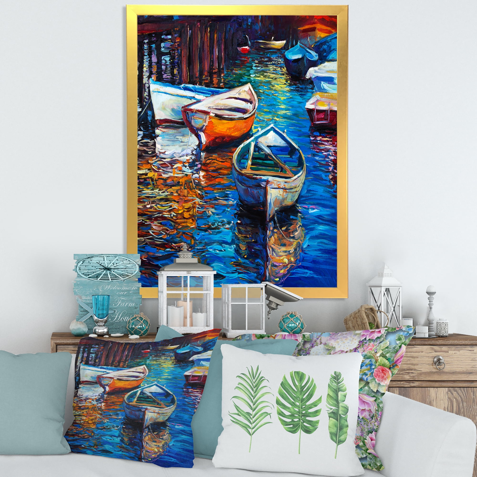 Boats During Warm Sunset Resting On The Water X 24 in x 32 in Framed Painting Canvas Art Print, by Designart