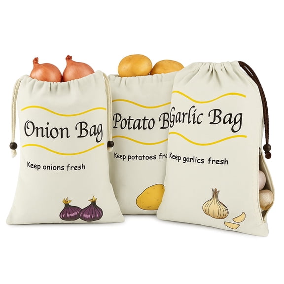 3-Pack Vegetable Storage Bags for Potatoes Onions and Garlic with Drawstring and Zipper