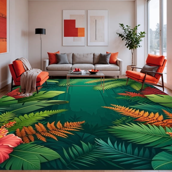 ODIKA 4'x6' Machine Washable Non-Slip Area Rug, Exotic Jingle Jungle Tropical Leafy Artistic High Traffic Rug, Green, 281806