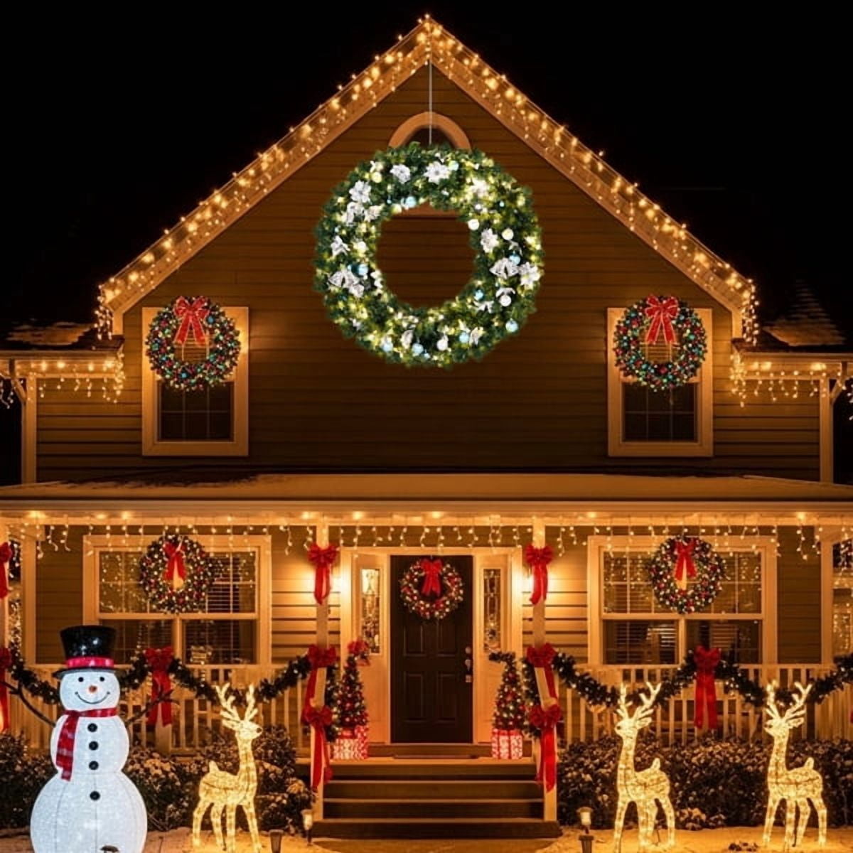 48" Lighted Artificial Christmas Wreath - 450 PVC Fir Branches, 150 Warm/Cold White LEDs (11 Modes) w/Remote, Light Green Decor for Front Door/Mantel