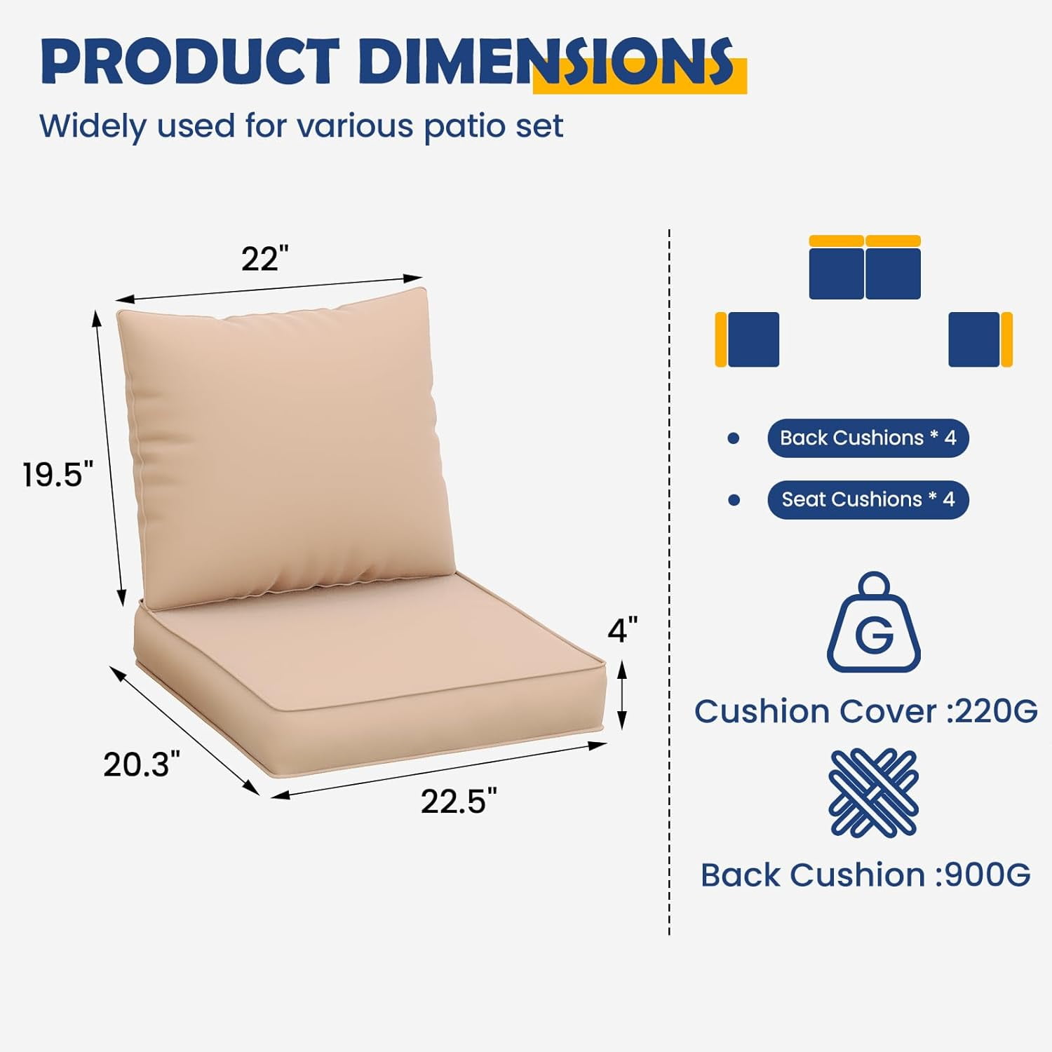 MRUAKA Outdoor Cushions for Patio Furniture, 4'' Replacement Cushions for Outdoor Furniture, Set of 4 Water-Resistant Outdoor Sectional Cushions for Sofa Couch Chair (Beige)