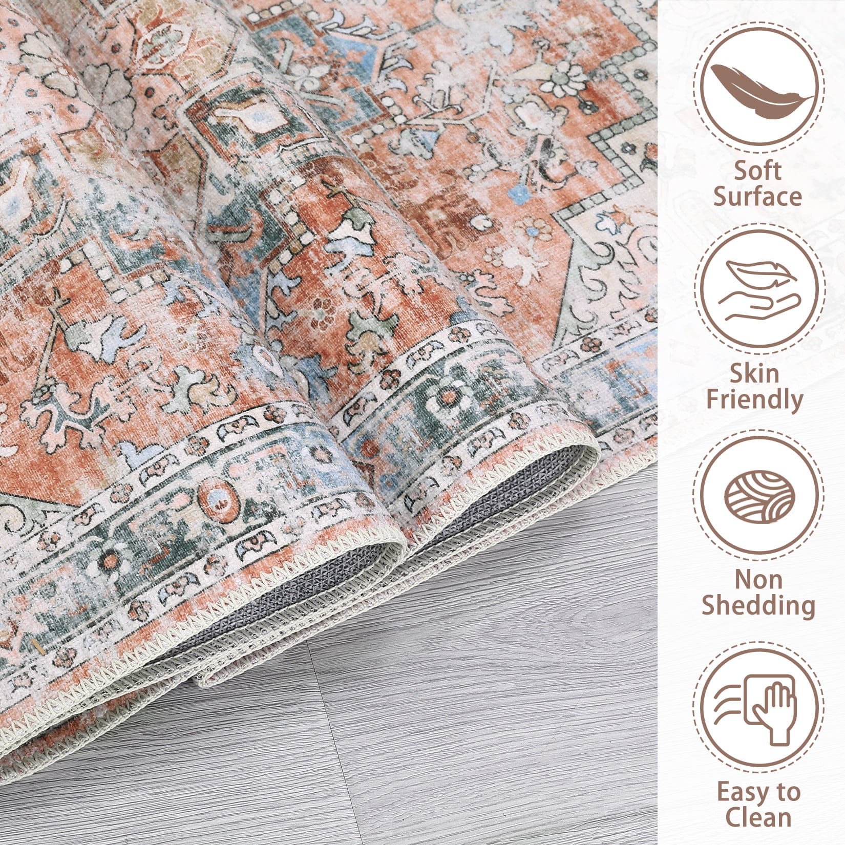 HOMERRY Foldable Area Rug 5' x 7' Washable Floral Geometric Rug for Living Room, Red/Orange