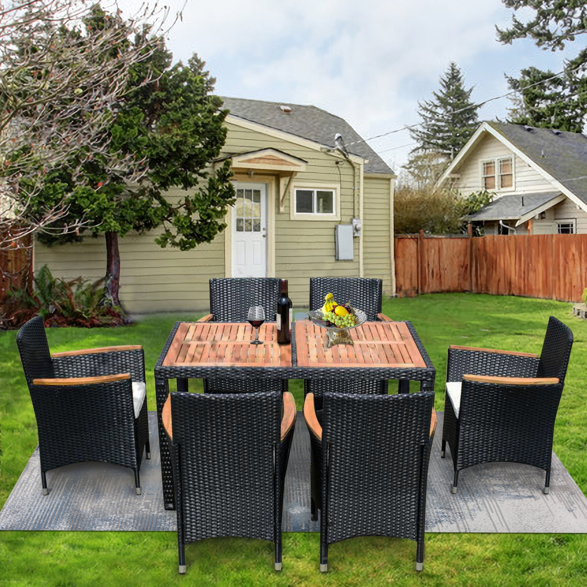 7 Piece Outdoor Patio Dining Set Outdoor Wicker Dining Furniture Set with Brown Rattan Dining Table and Chairs, Beige Cushions