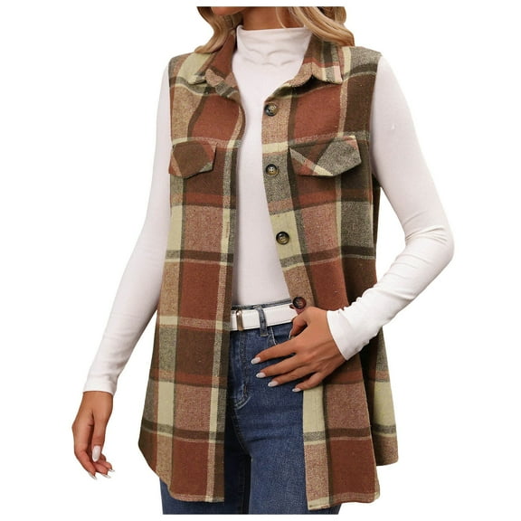 GEWSEY Plaid Vest for Women Lapel Button Down Sleeveless Shacket Fall Winter Comfortable Warm Long Jacket Outerwear Outwear (Orange, M)