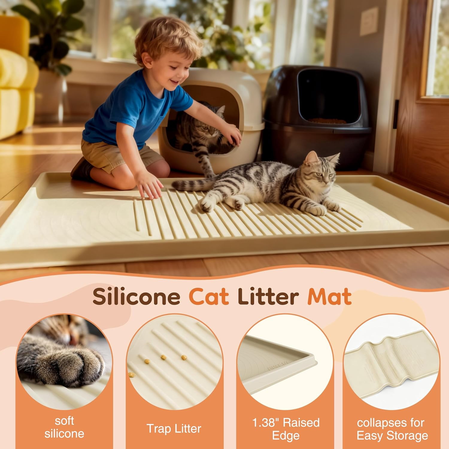 Cat Litter Mat 54" x 27.5" XXL, Extra Large Silicone Mat for Litter Box, 1.38" Raised Edge Waterproof Litter Trapping Mat Pad for Scatter Control, Soft on Kitty Paws, Protect Floor (Beige)