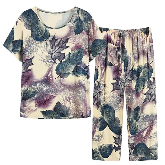 Birdeem Ensembles de Pyjama pour Femmes 2 Pcs Ensemble d'Été pour Femmes Deux Pièces Manches Courtes Col Rond Haut Imprimé Ensemble Pantalon Ensemble de Pyjama