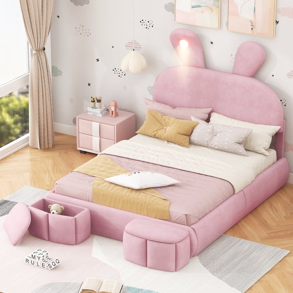 Euroco Upholstered Full Size Platfrom Bed, Bunny Shaped Bed with LED Light and Storage Cabinets