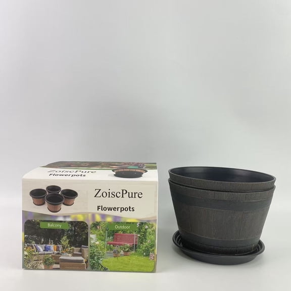 ZoiscPure Flowerpots,10 inch Plant Pots,Whiskey Barrel Planters with Drainage Holes & Saucer, Plastic Decoration Flower Pots Imitation Wine Barrel Design (Brown)