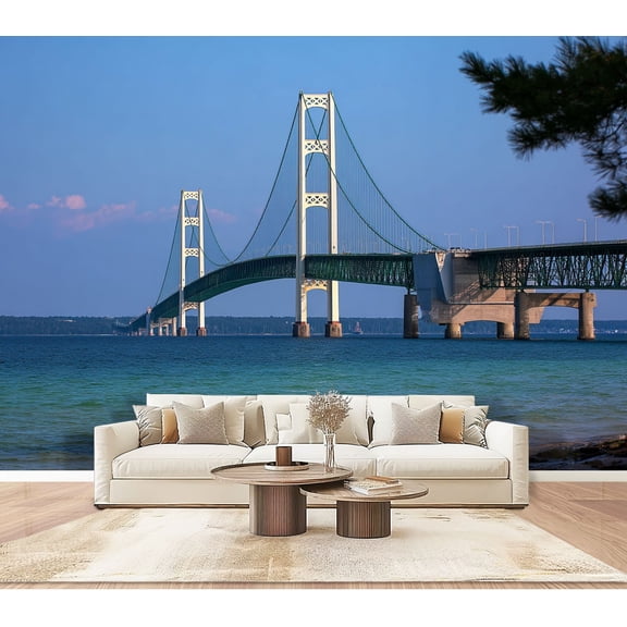 Wallpaper Walking Mackinac Bridge Day Peel and Stick Wall Murals 100"H x 144"W Removable PVC Wall Paper Self-Adhesive Wall Paintings Art Decor for Bedroom Living Room