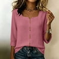 thumbnail image 6 of CLOISE Womens 3/4 Sleeve Tops Plus Size Shirts Loose Solid Color V Neck Pullover Cotton Blend Casual Fall Clothes Pink M, 6 of 8