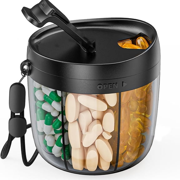 Medication Container Case With Individual Storage Sections And Leak Proof Rotating Pills Dispenser