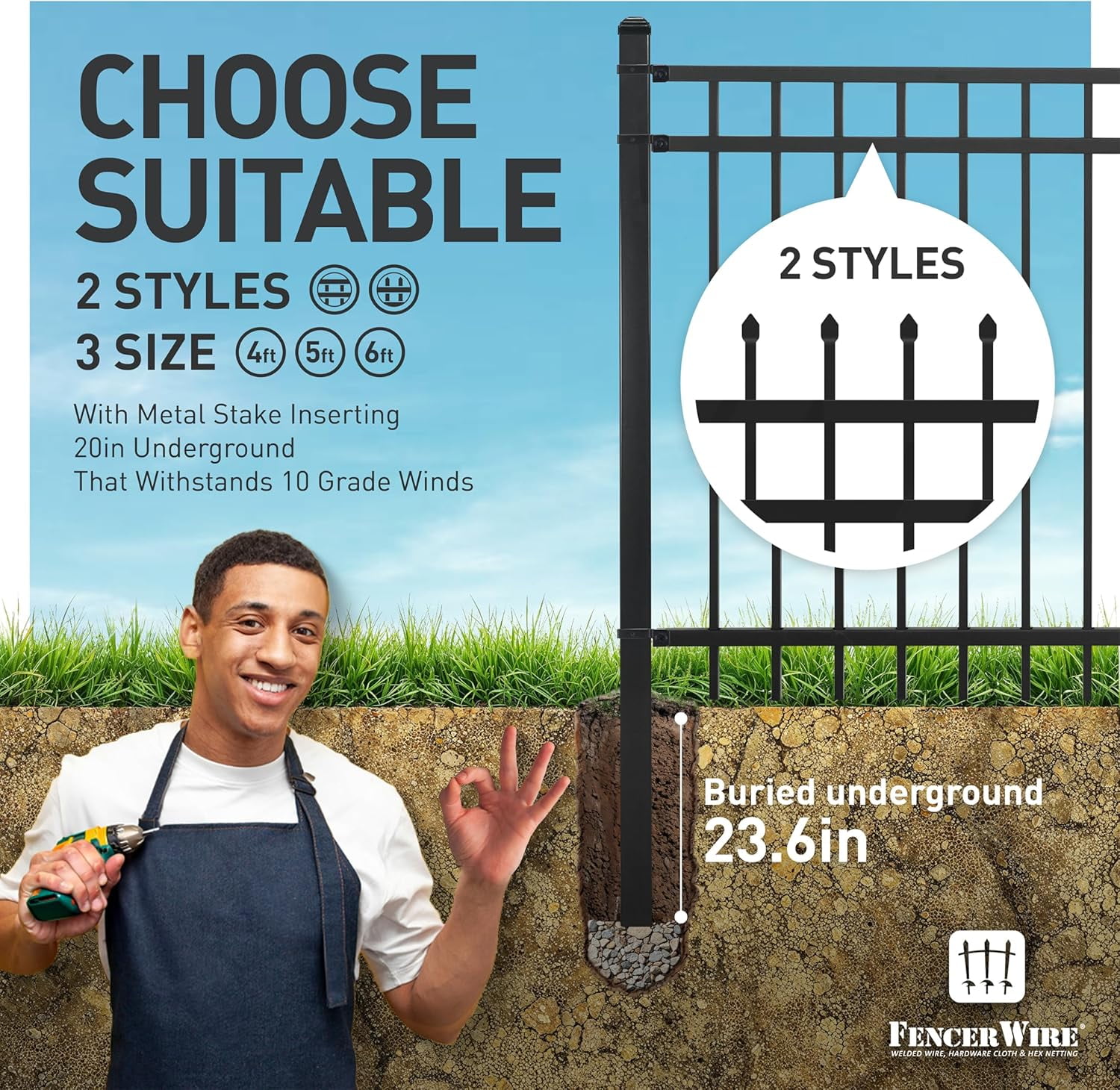 Fencer Wire Pack of 10 Heavy Duty Flat Top Fence Barrier Panel, 5FT Height X 8FT Width Anti-Rust Metal Fencing Panel, 2” Diameter Steel Outdoor Decorative Garden Fence Panel for Yard, Pool, Patio