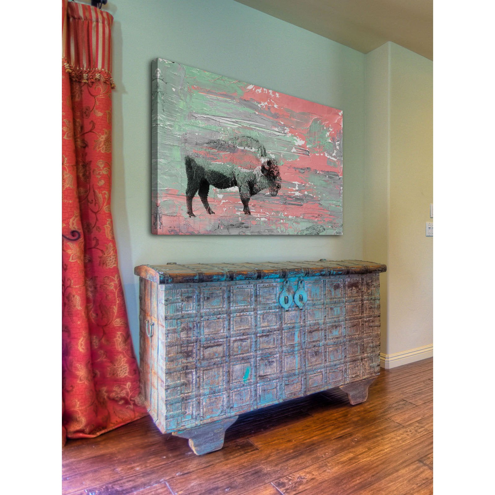 "Green Paint Buffalo" Painting Print on Wrapped Canvas