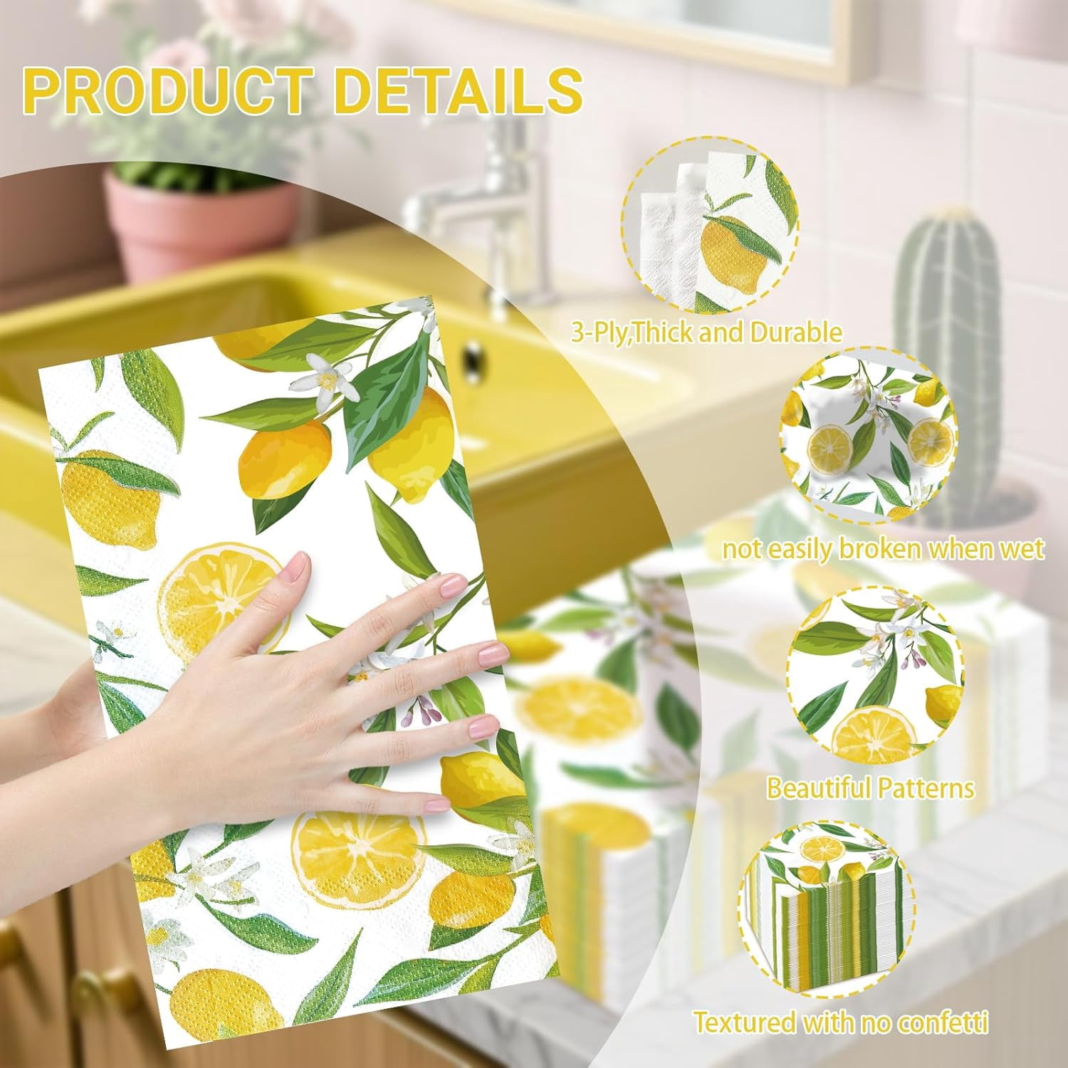 100 PCS Napkin Disposable, Yellow Lemon and Leaf Pattern 3-Ply Lemon Napkins, Home Party Guest Bathroom Napkin Bridal Shower Wedding, Decorative Napkins