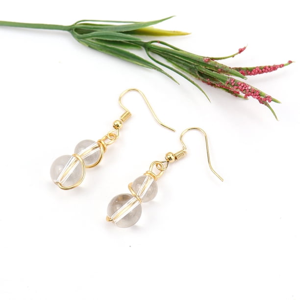 Nvzi Pendientes personalizados, cuentas redondas de piedra de cristal hechas a mano, pendientes envueltos en alambre de cobre dorado, pendientes de temperamento con cuentas (blanco transparente)